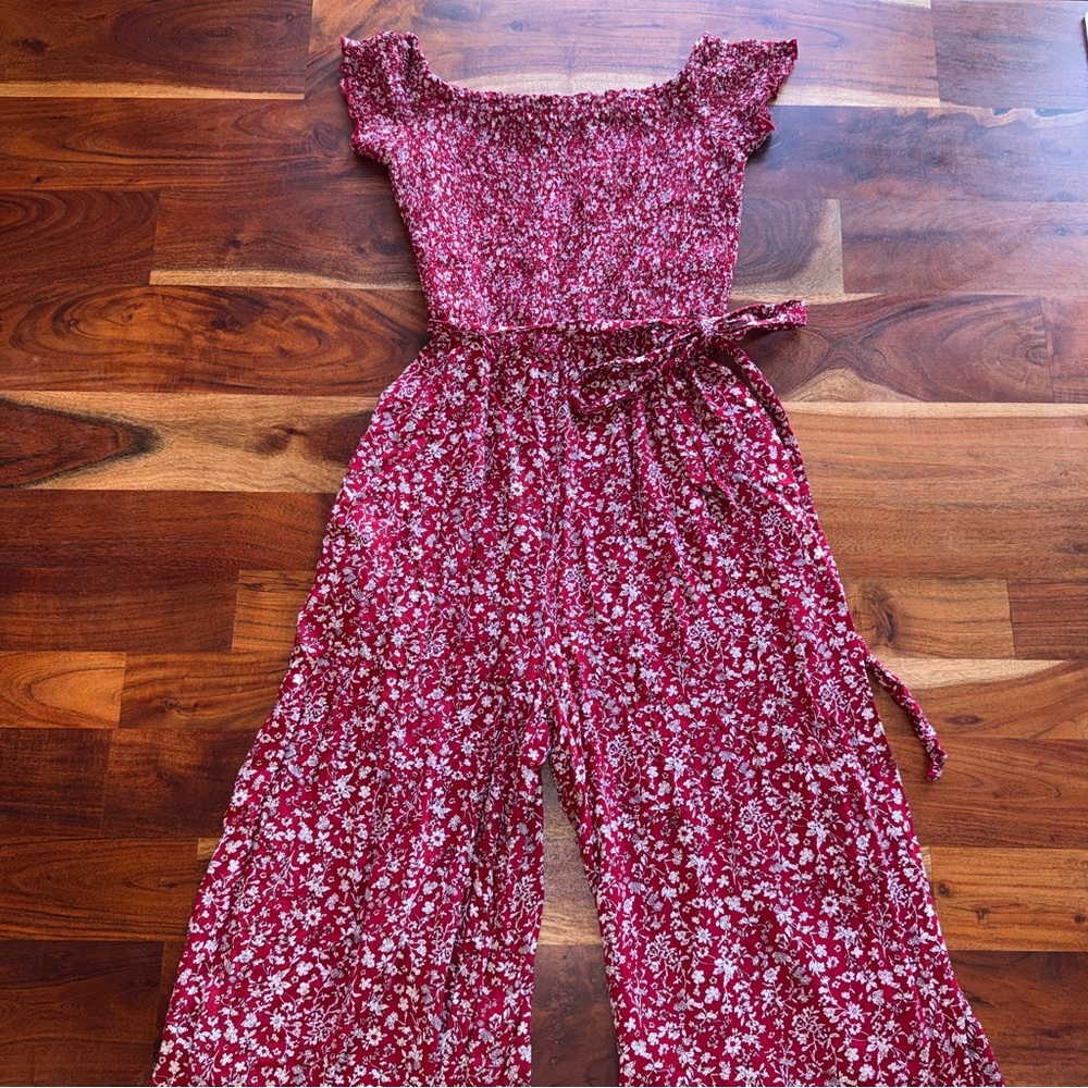 Red White Floral Off Shoulder Smocked Tie Waist Wide-Leg Jumpsuit